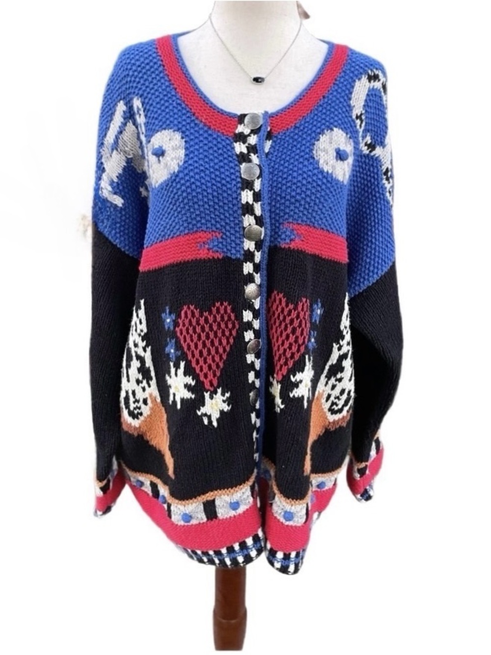 Cardigan Bay ~ 2 X-Large ~ Hand-Knitted ~ Blue/ Red ~ Cowboy/ Hearts ~ Sweater